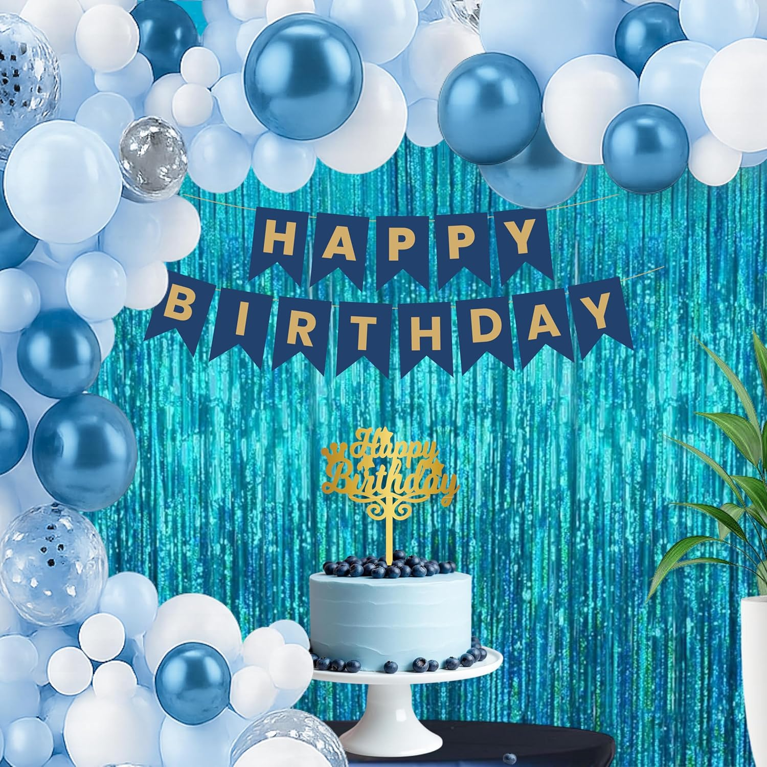 Blue Birthday Decoration Combo Pack (45 Pcs) | Balloons, Happy Birthday Banner, Gold Fringe Curtains, Cake Topper & Arch Strip | Party Decoration Kit for Kids, Adults & Couples